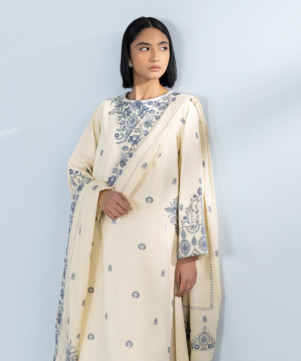 3 Piece - Embroidered Cotton Satin Suit