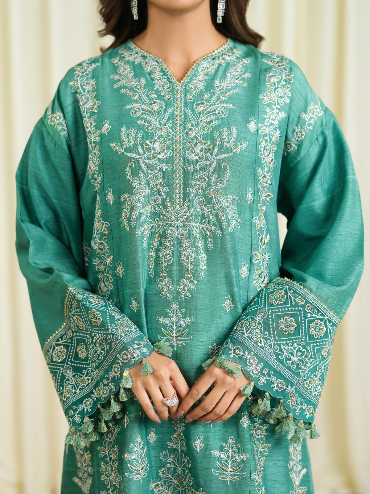 3 Piece - Embroidered Raw Silk Suit