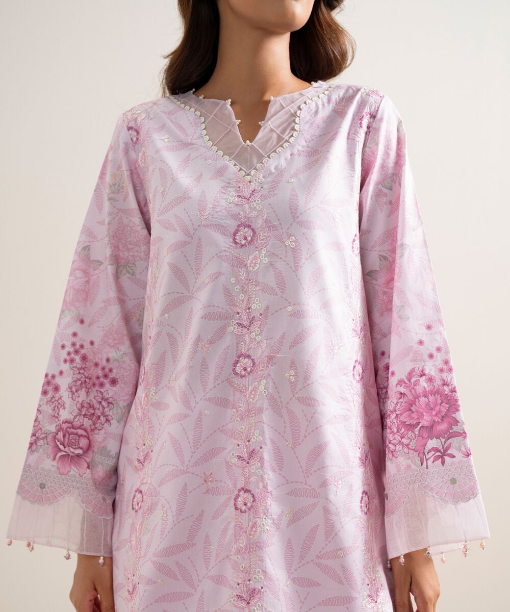 Women's Unstitched Lawn Embroidered Pink 3 Piece Suit