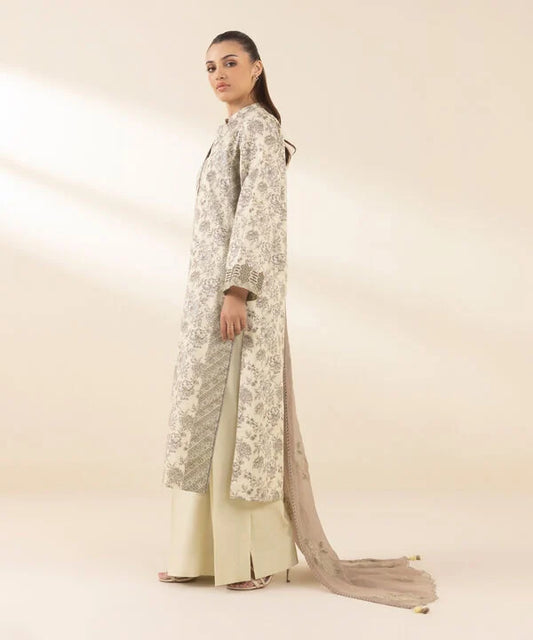 3 Piece - Embroidered Cotton Satin Suit