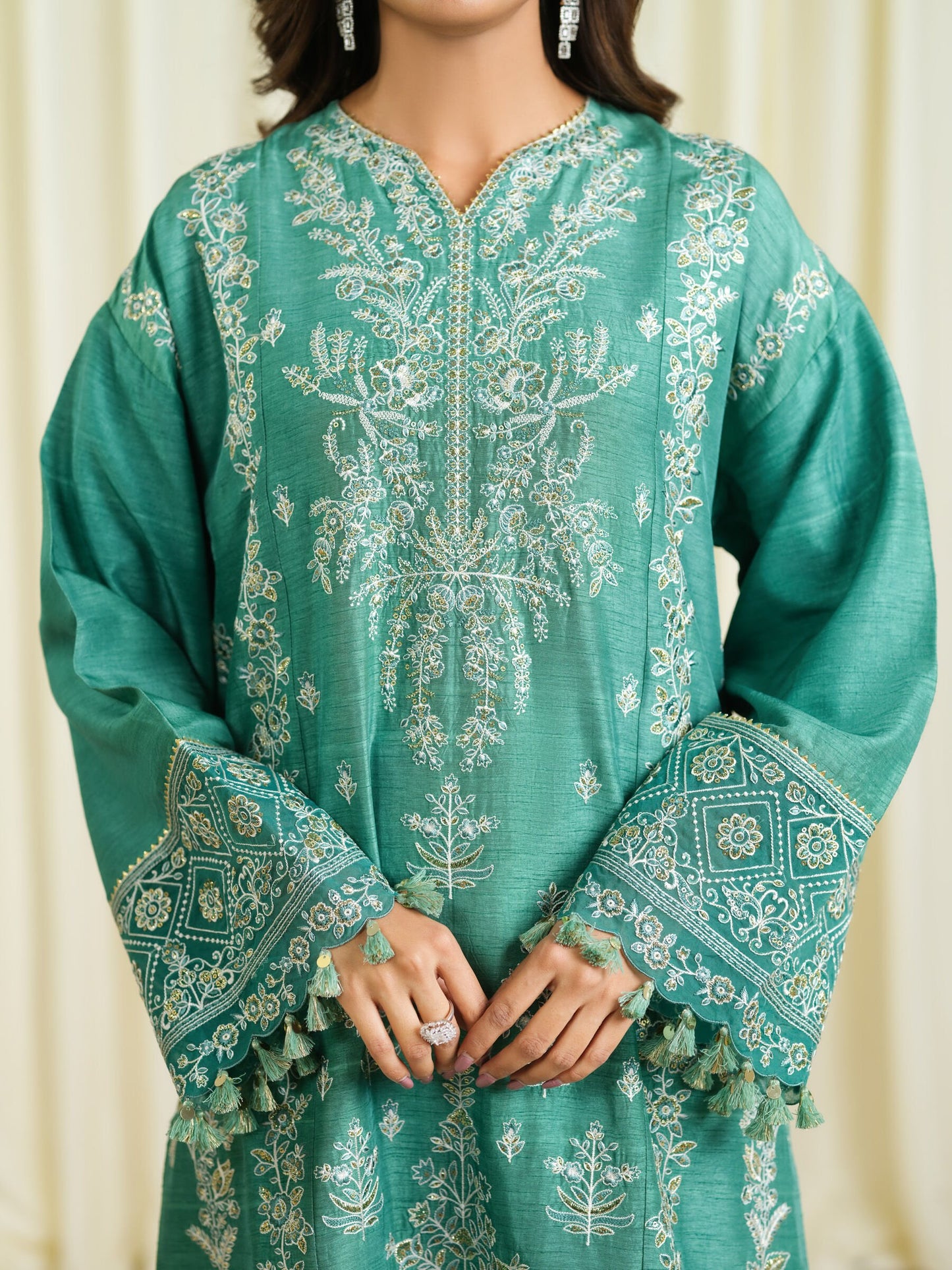 3 Piece - Embroidered Raw Silk Suit