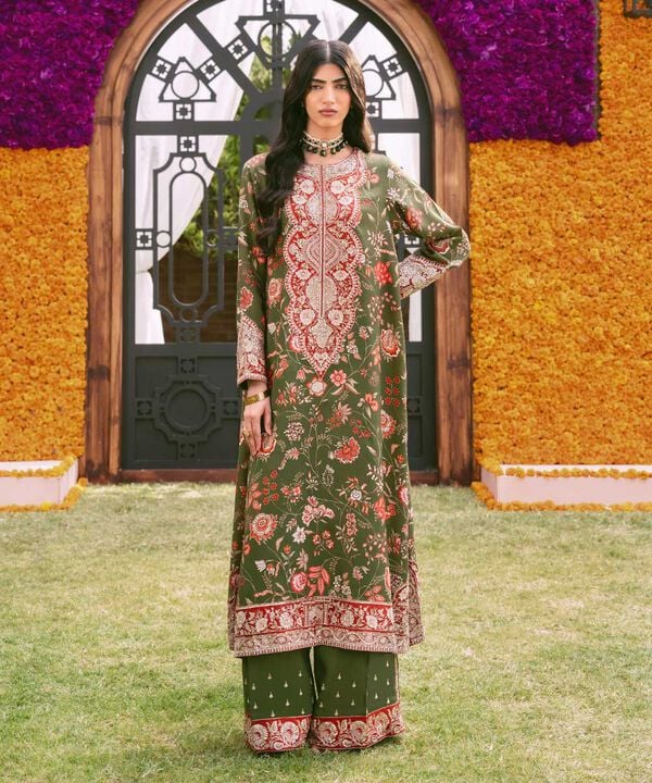 2 Piece - Embroidered Raw Silk Suit