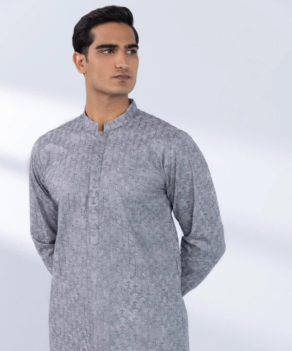Schiffli Embroidered Cotton Kurta - Slim Fit