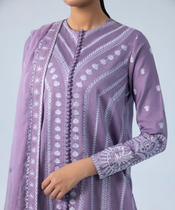 3 Piece - Embroidered Cotton Satin Suit