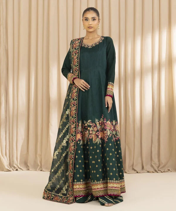 3 Piece - Embroidered Raw Silk Suit