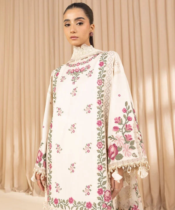 3 Piece - Embroidered Cotton Satin Suit