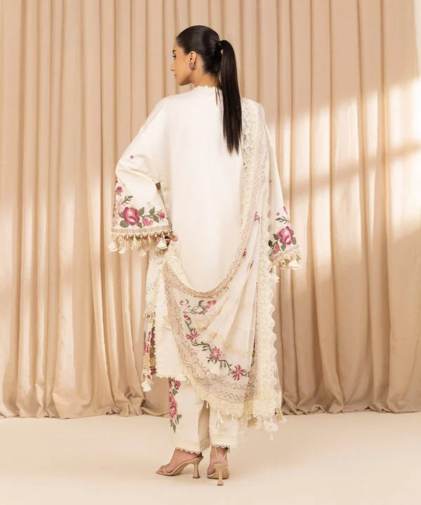 3 Piece - Embroidered Cotton Satin Suit