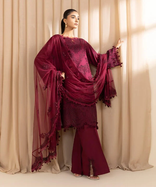 3 Piece - Embroidered Cotton Satin Suit
