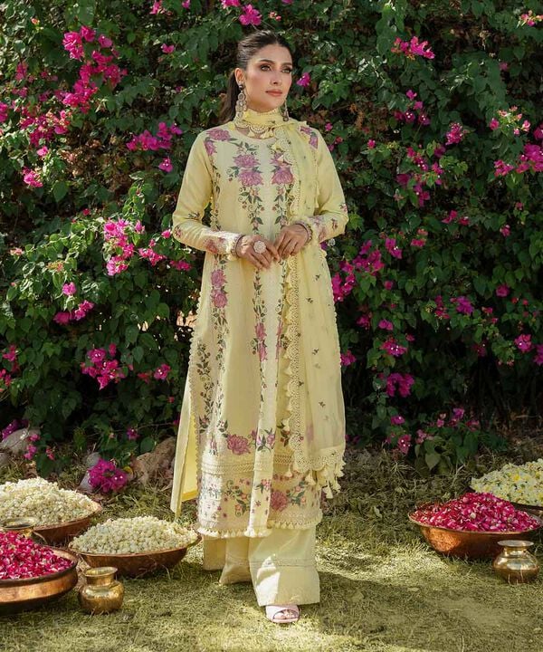 3 Piece - Embroidered Cotton Satin Suit