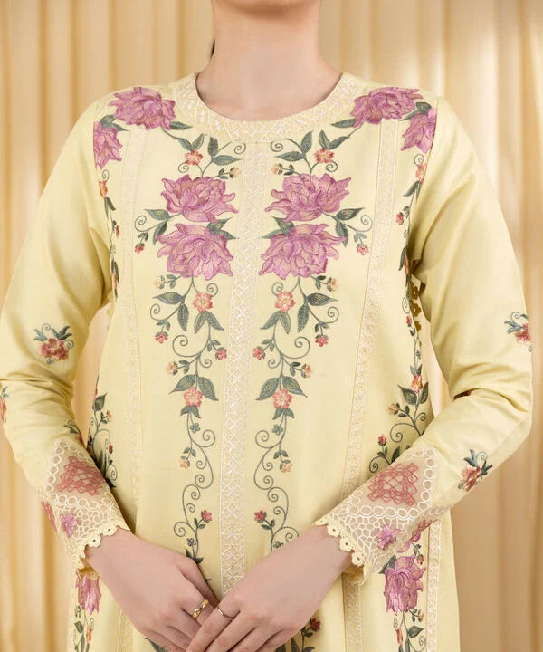 3 Piece - Embroidered Cotton Satin Suit