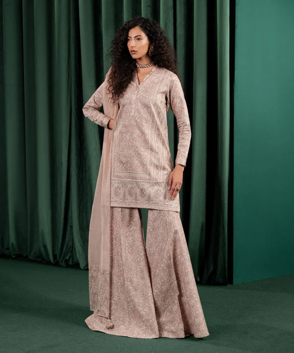 3 Piece - Embroidered Cotton Satin Suit
