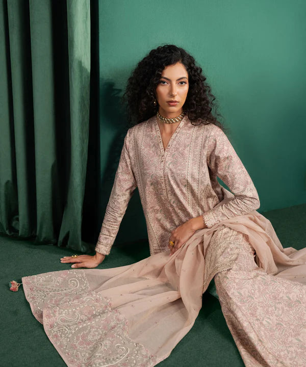 3 Piece - Embroidered Cotton Satin Suit
