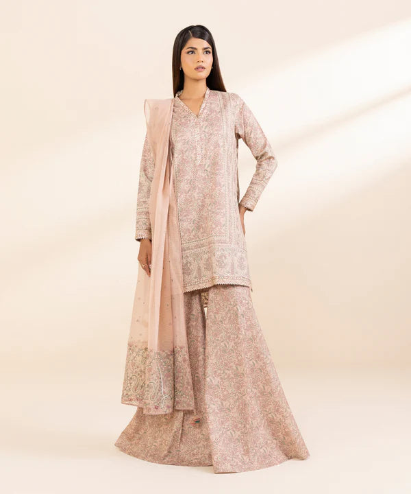 3 Piece - Embroidered Cotton Satin Suit