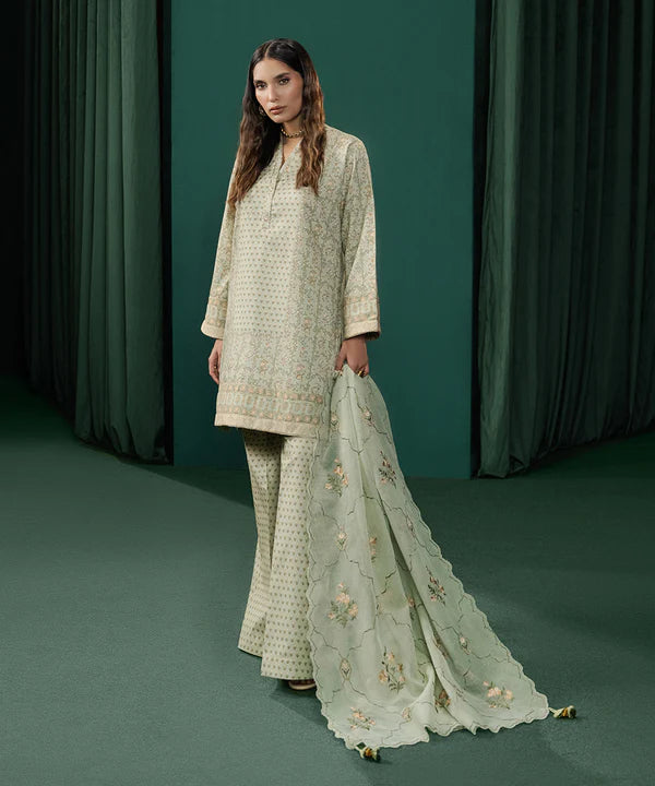 3 Piece - Embroidered Cotton Satin Suit