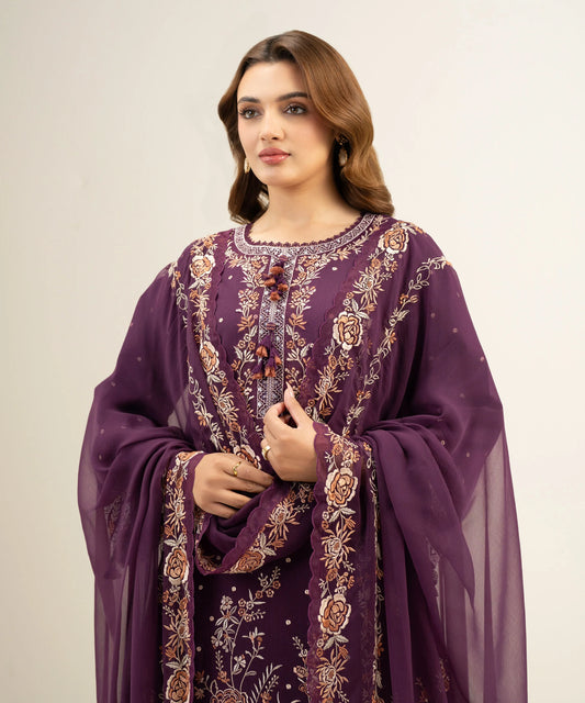 3 Piece - Embroidered Cotton Net Suit