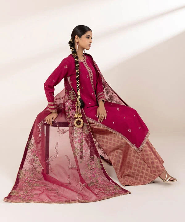 3 Piece - Embroidered Raw Silk Suit