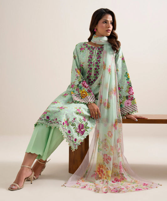 3 Piece - Embroidered Zari Cotton Suit