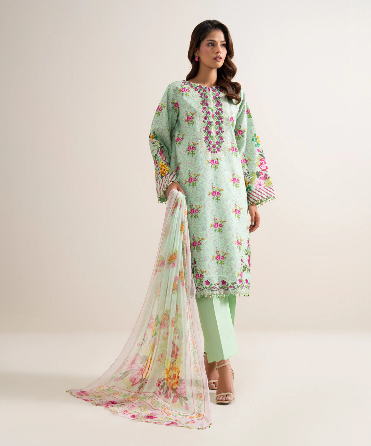 3 Piece - Embroidered Zari Cotton Suit