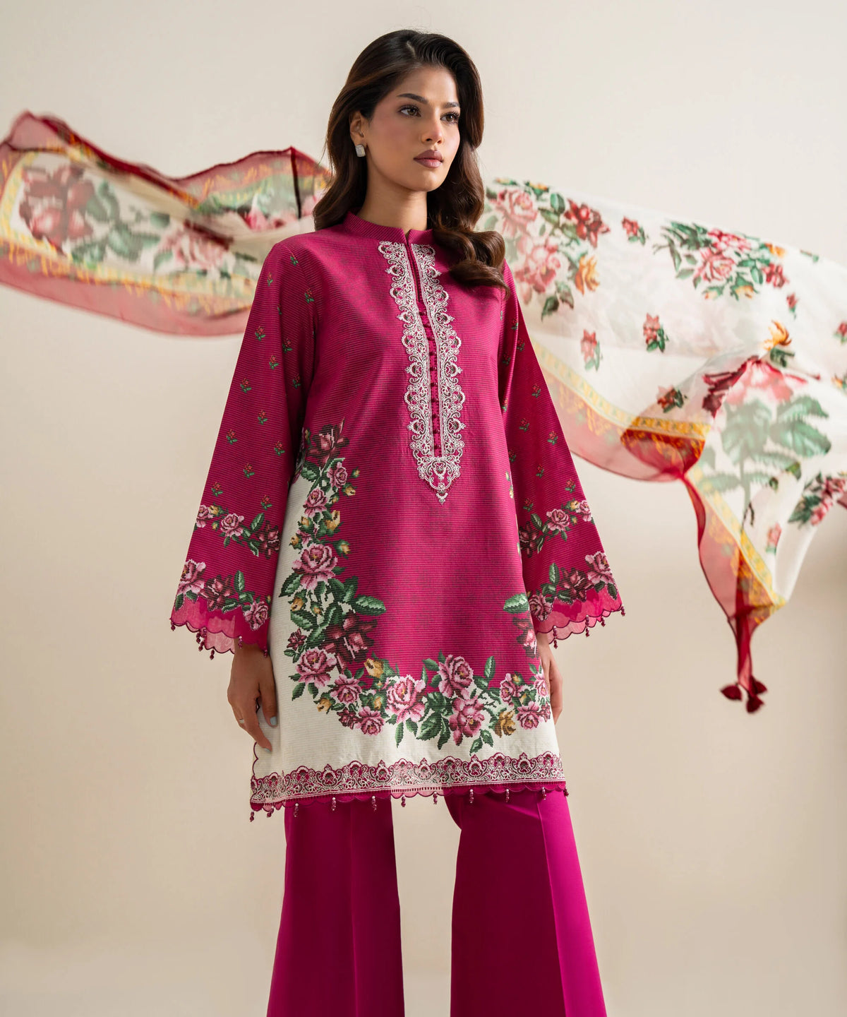 3 Piece - Embroidered Zari Cotton Suit