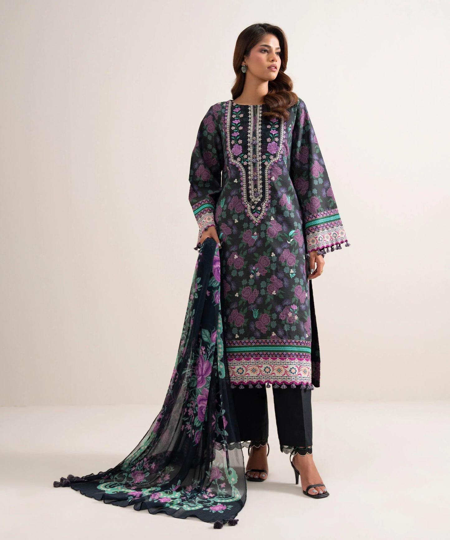 3 Piece - Embroidered Zari Cotton Suit