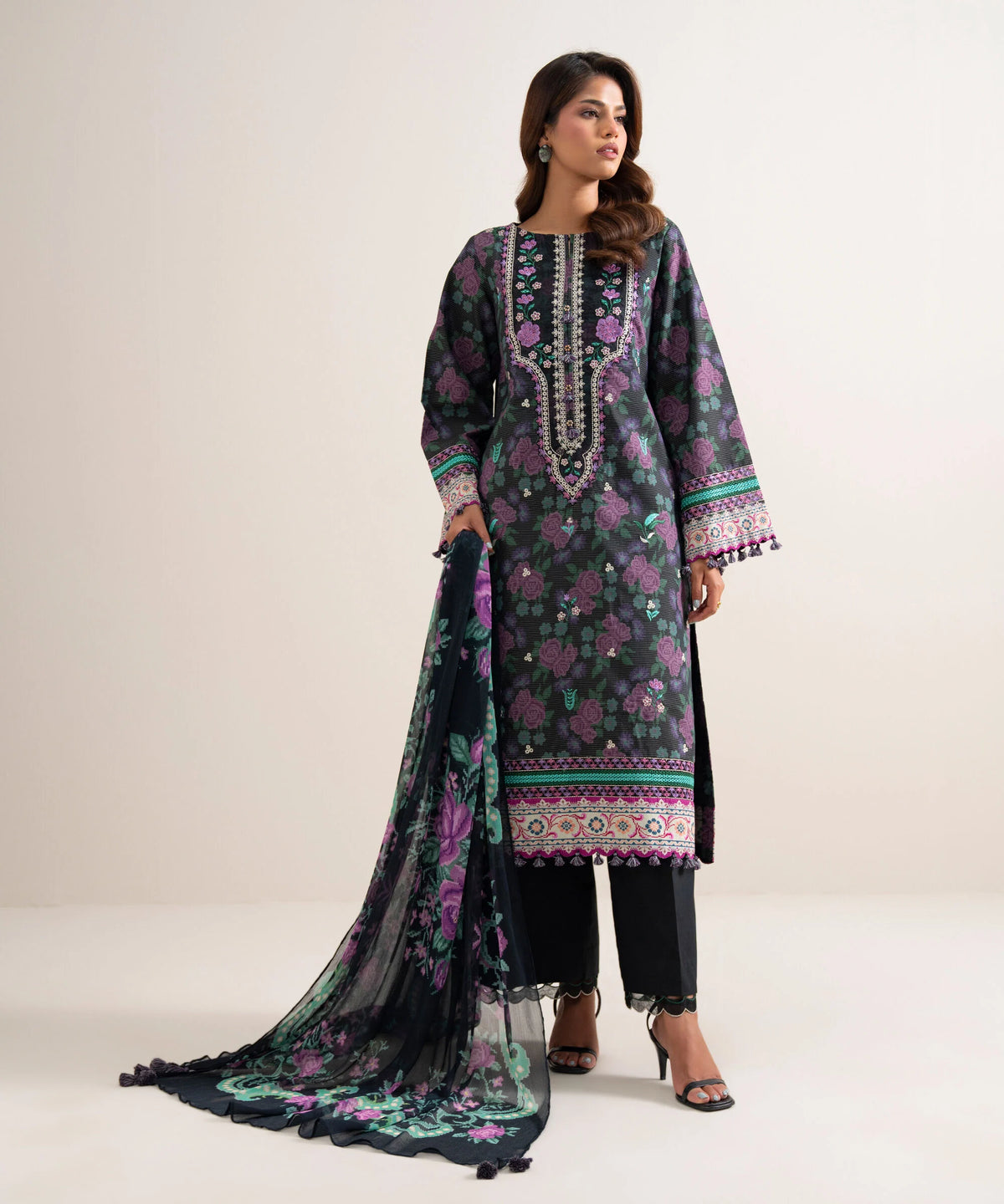 3 Piece - Embroidered Zari Cotton Suit