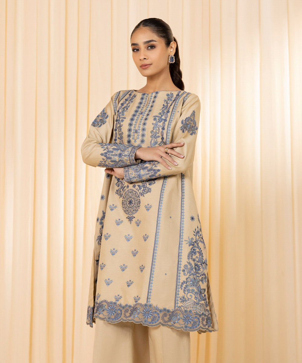 2 Piece - Embroidered Cotton Satin Suit