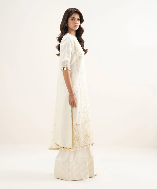 3 Piece - Embroidered Raw Silk Suit