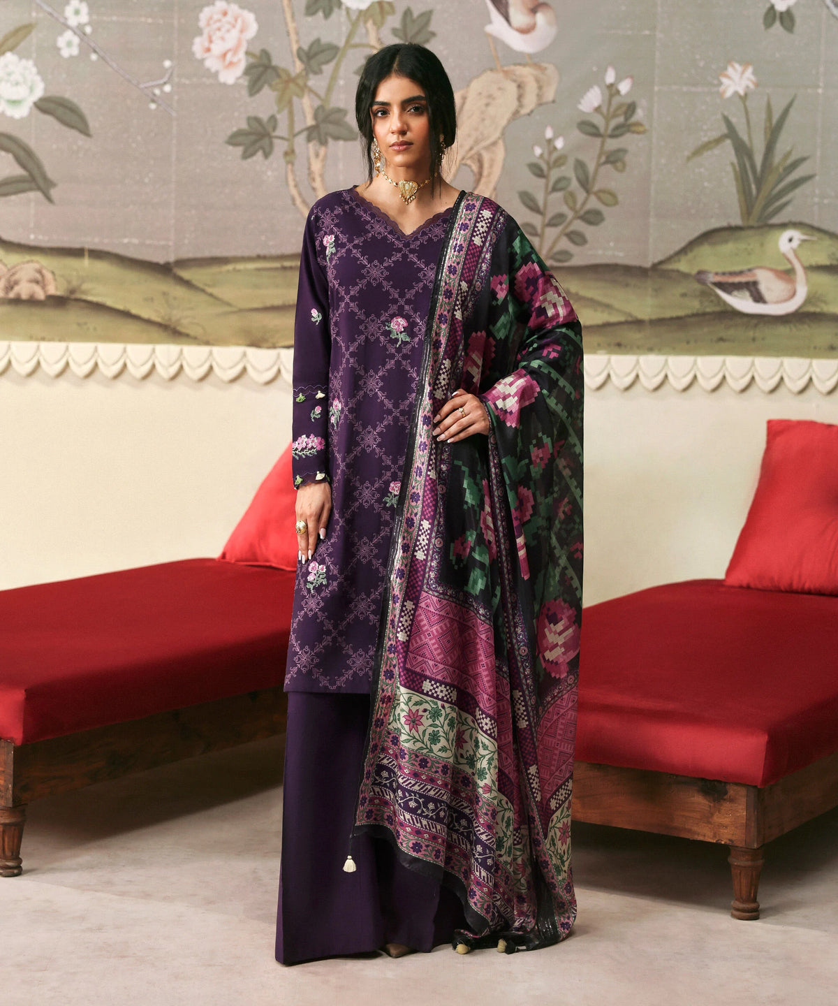 3 Piece - Embroidered Raw Silk Suit