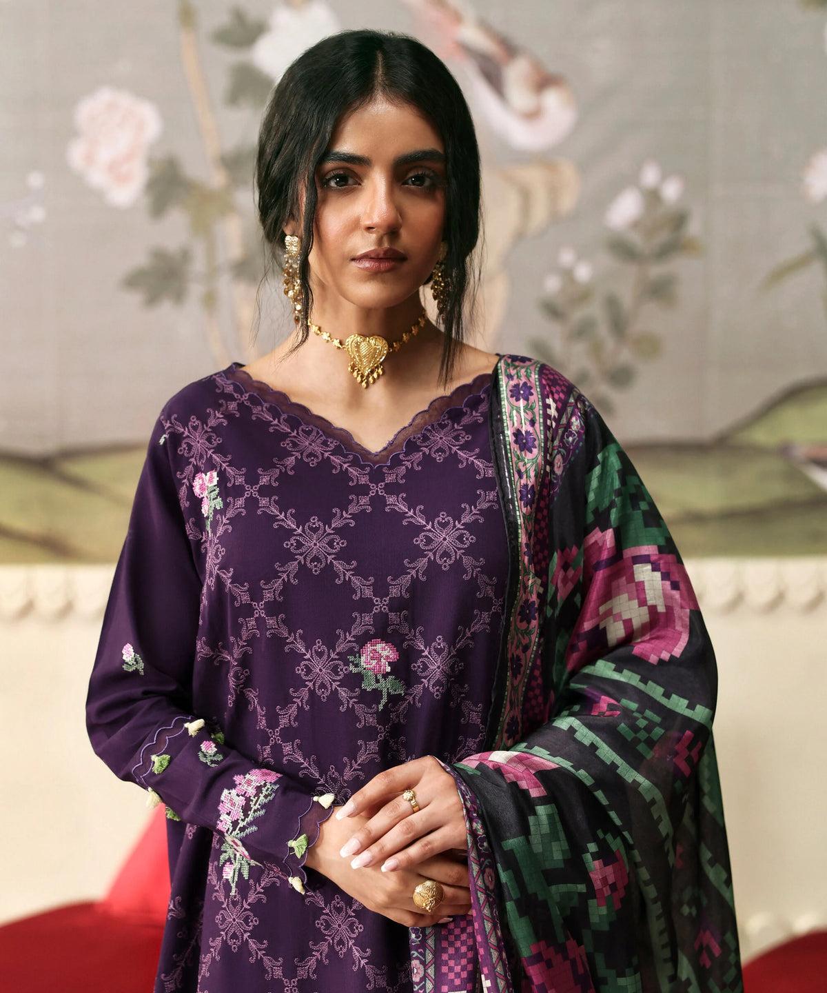 3 Piece - Embroidered Raw Silk Suit