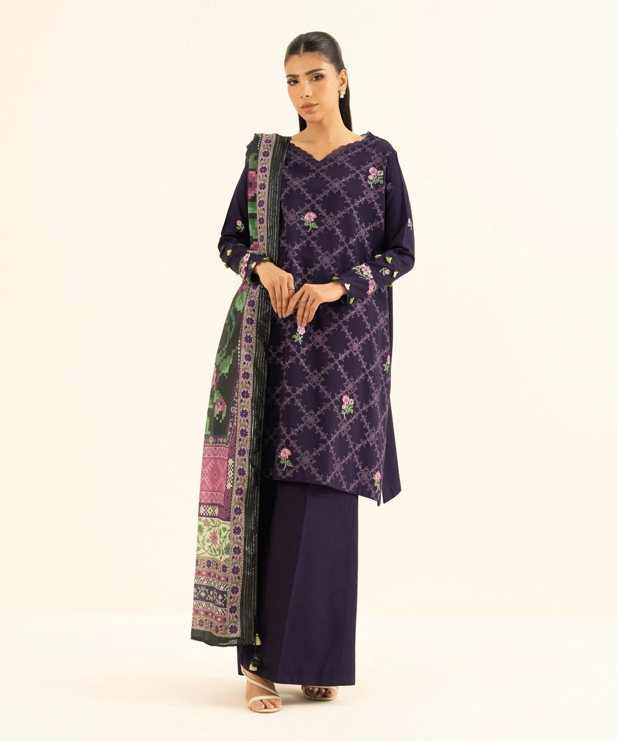 3 Piece - Embroidered Raw Silk Suit