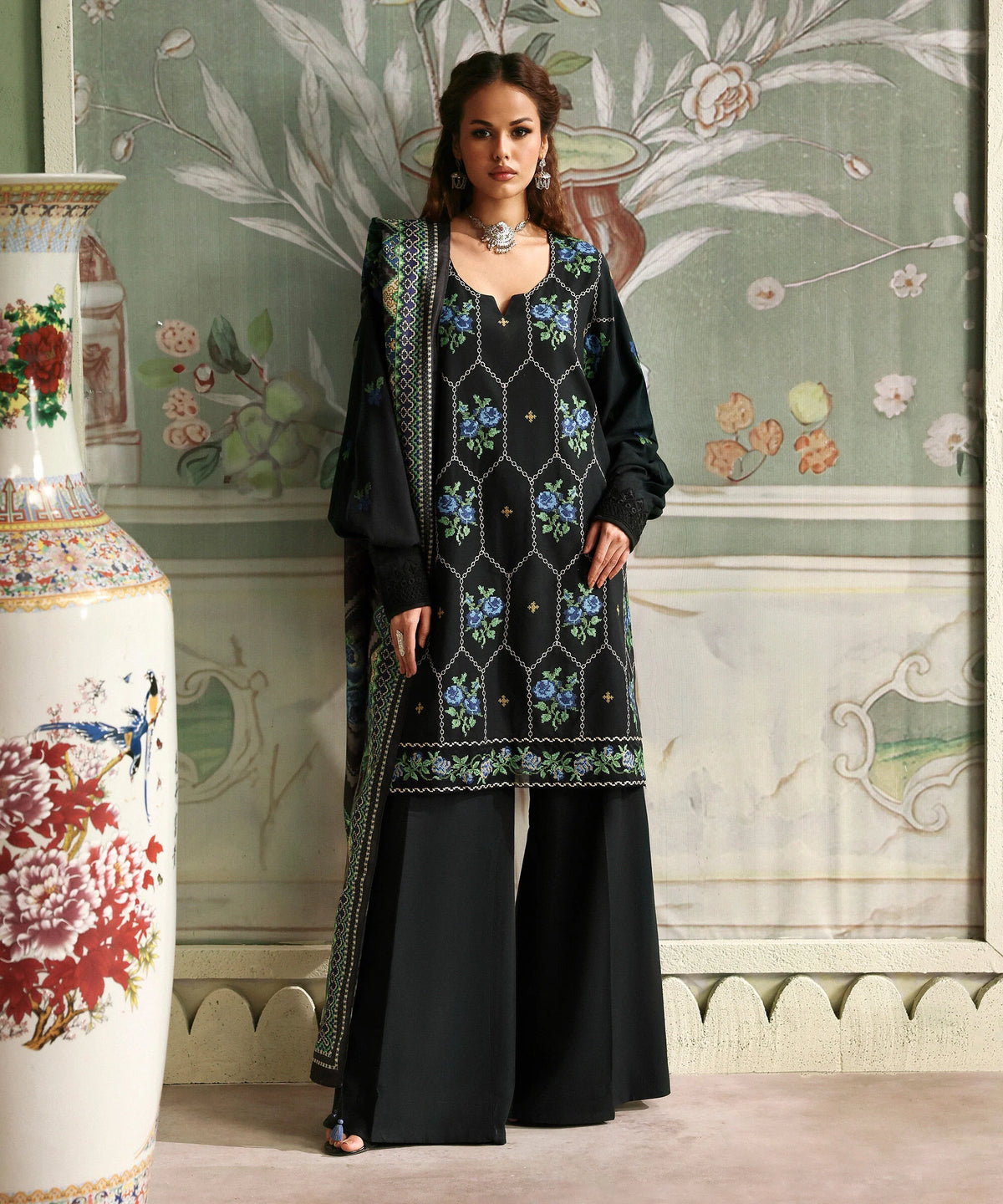 3 Piece - Embroidered Raw Silk Suit