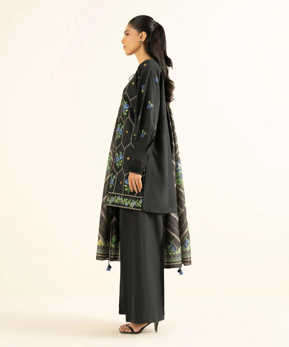 3 Piece - Embroidered Raw Silk Suit