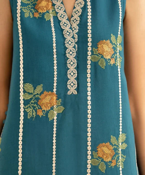 3 Piece - Embroidered Raw Silk Suit