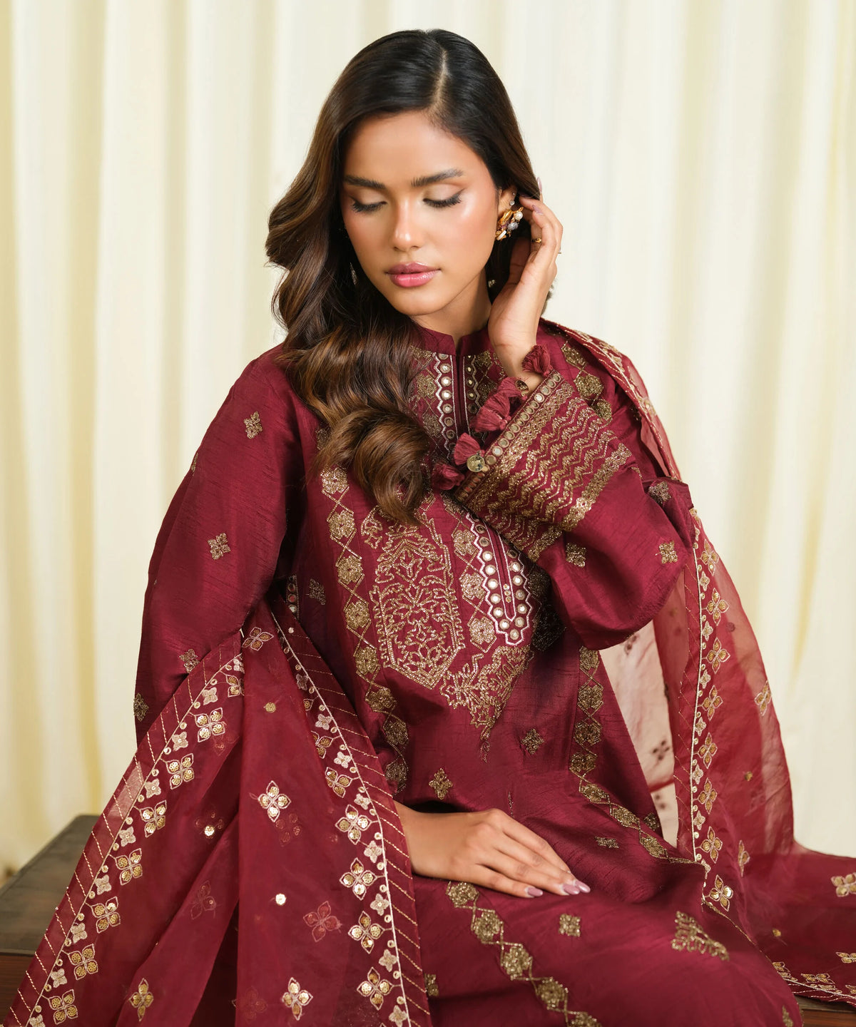 3 Piece - Embroidered Raw Silk Suit