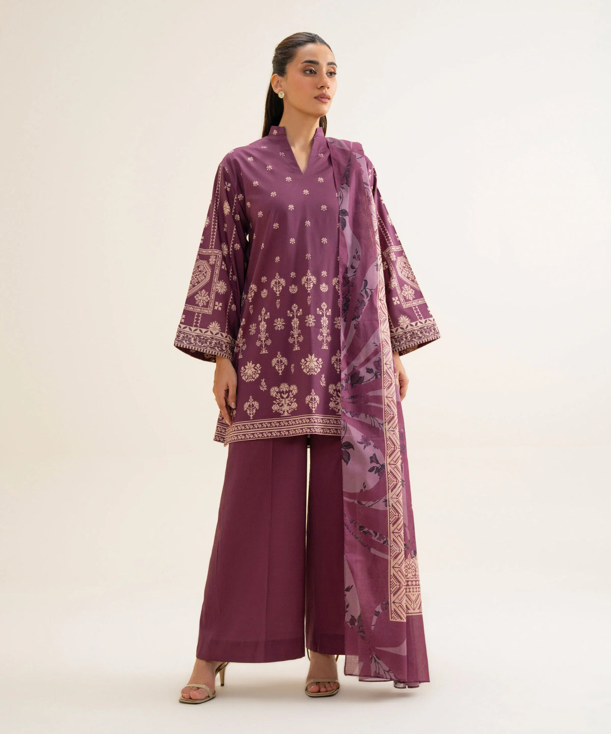 3 Piece - Printed Cotton Viscose Suit