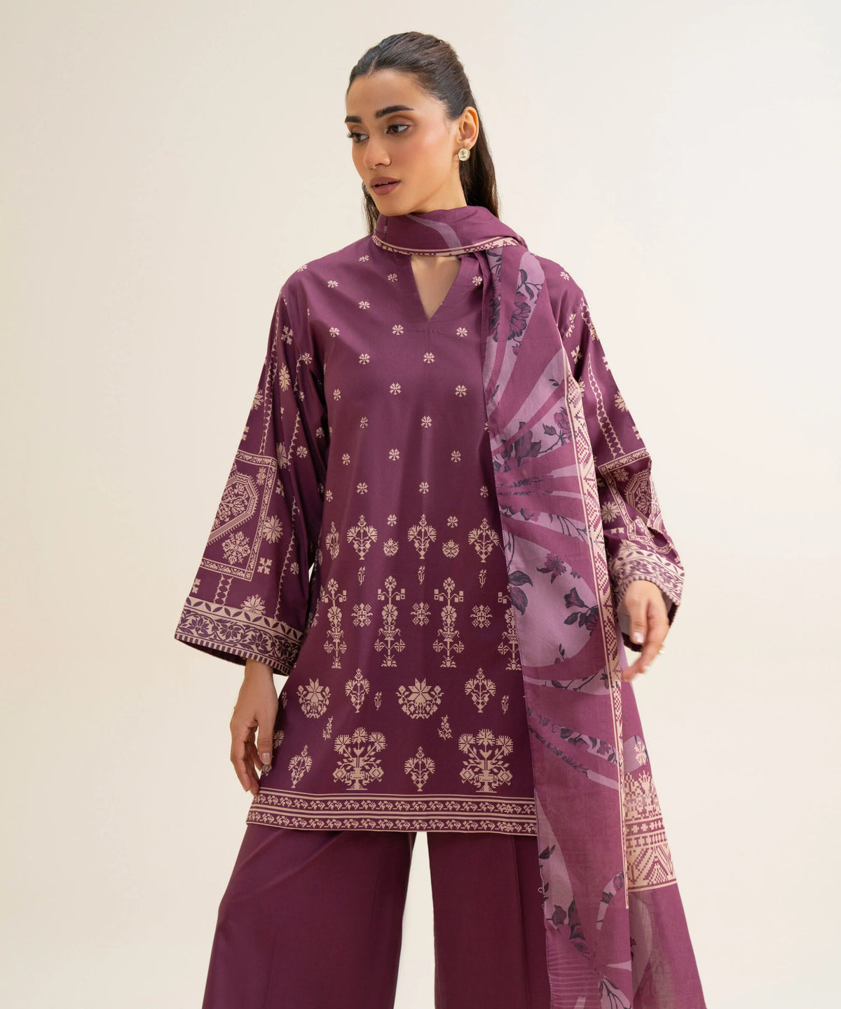 3 Piece - Printed Cotton Viscose Suit