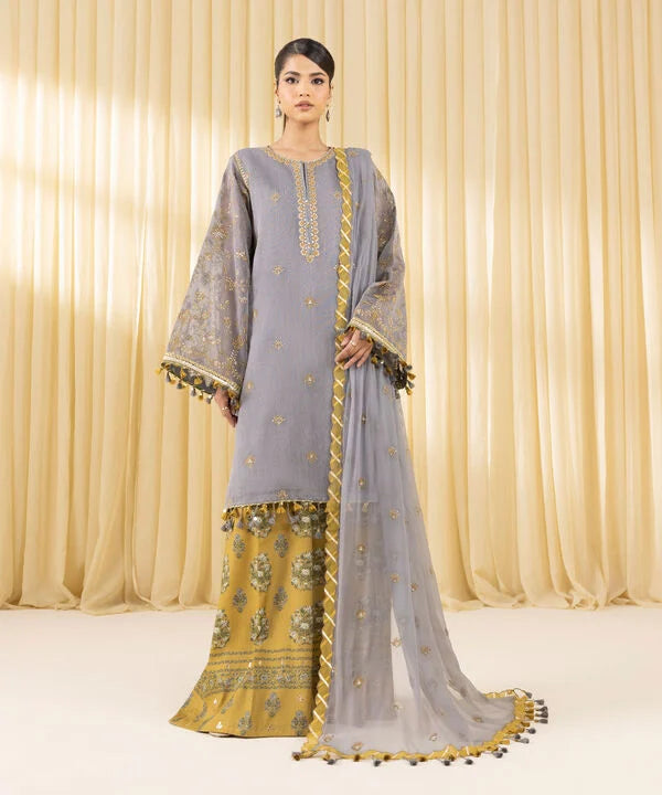 3 Piece - Embroidered Blended Net Suit