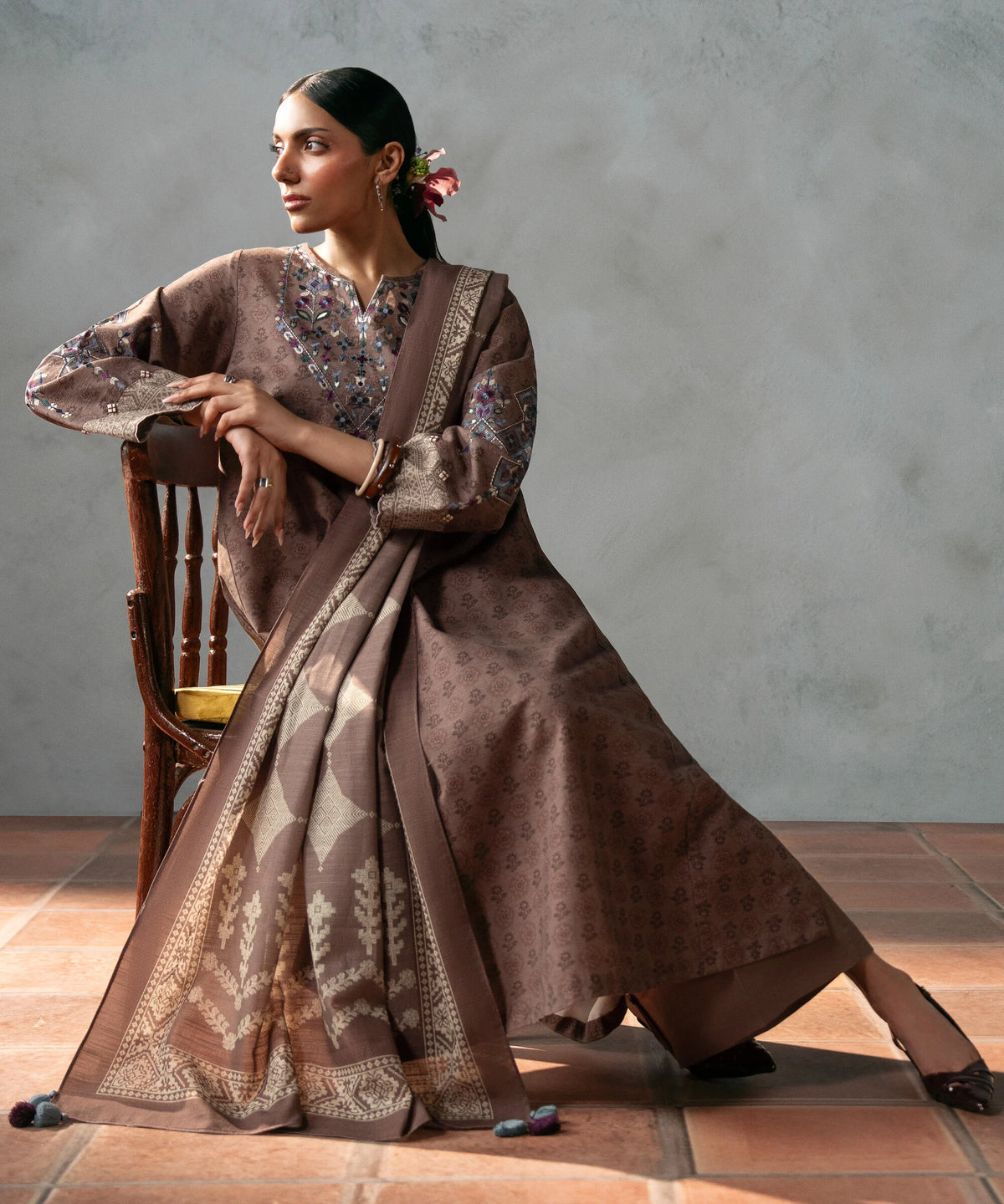 3 Piece - Embroidered Light Khaddar Suit