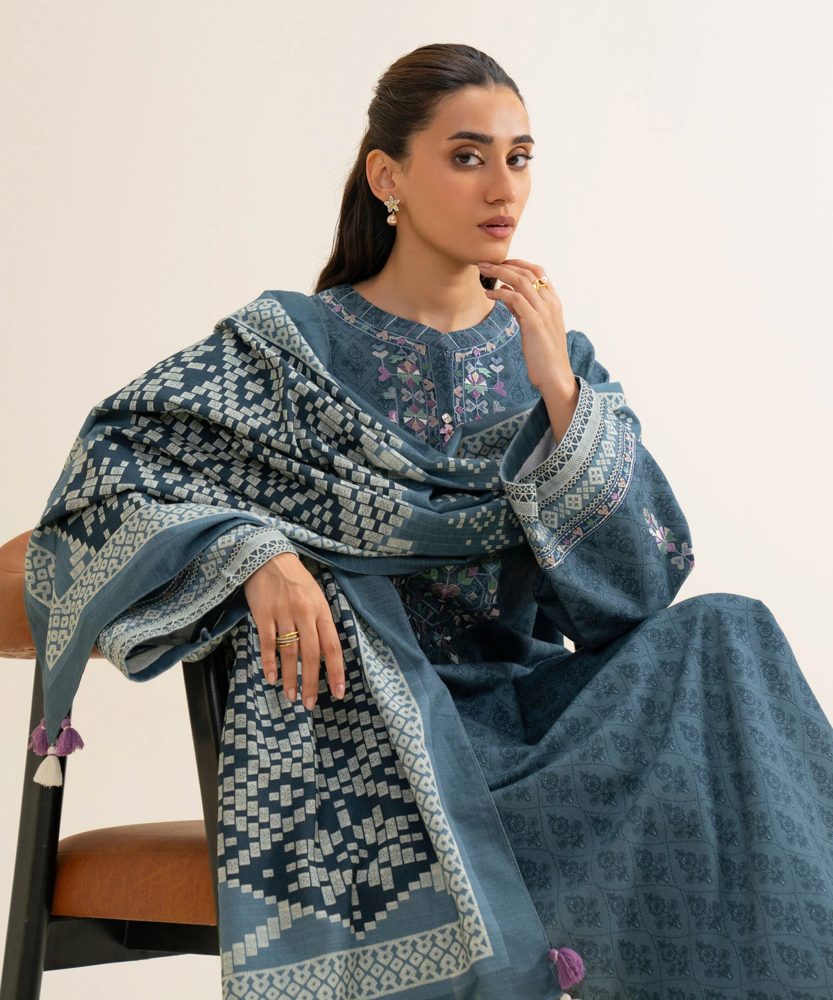 3 Piece - Embroidered Light Khaddar Suit