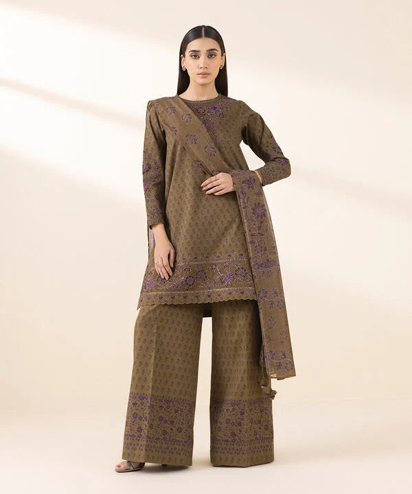 3 Piece - Embroidered Cotton Jacquard Suit