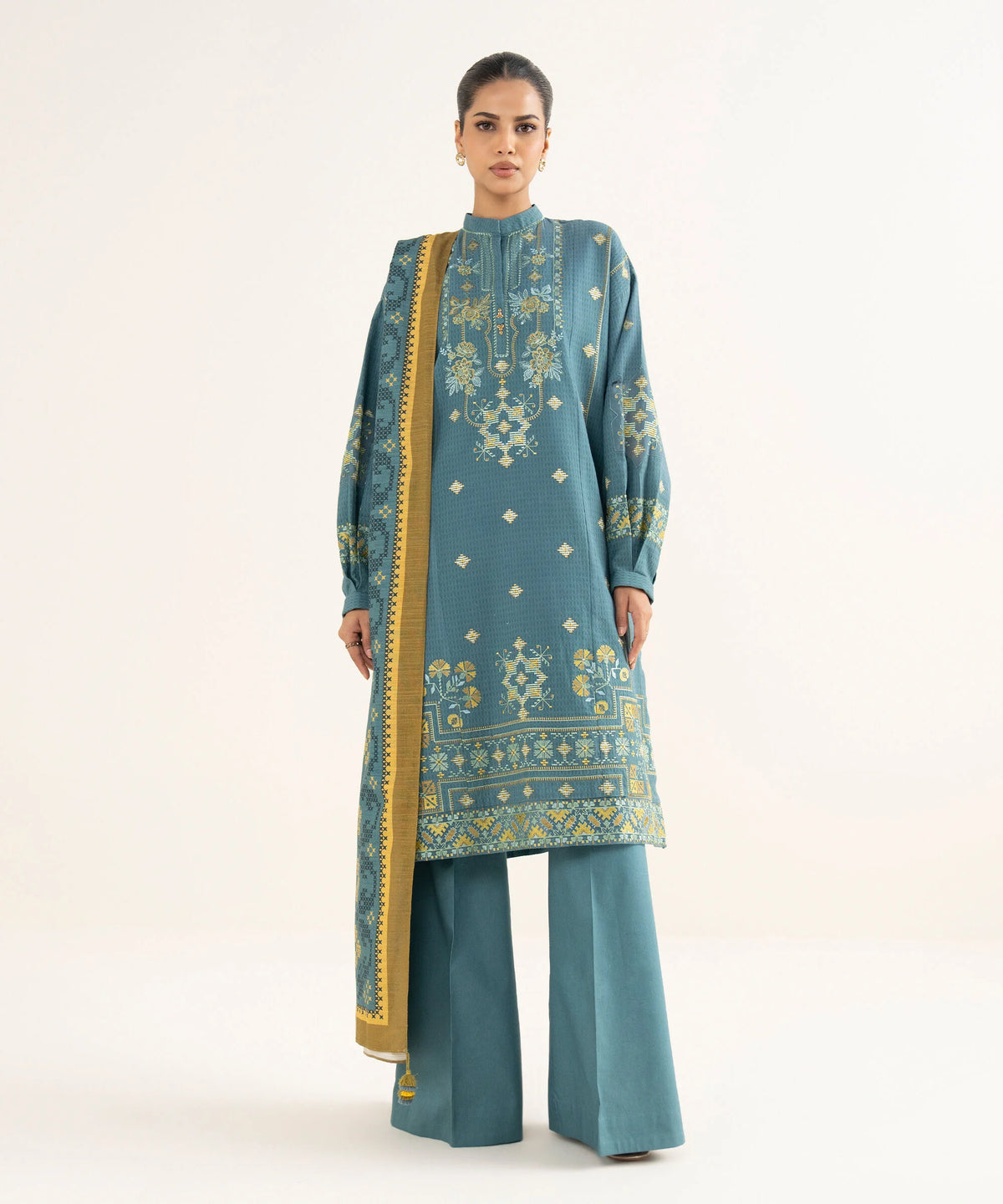 3 Piece - Embroidered Dobby Suit