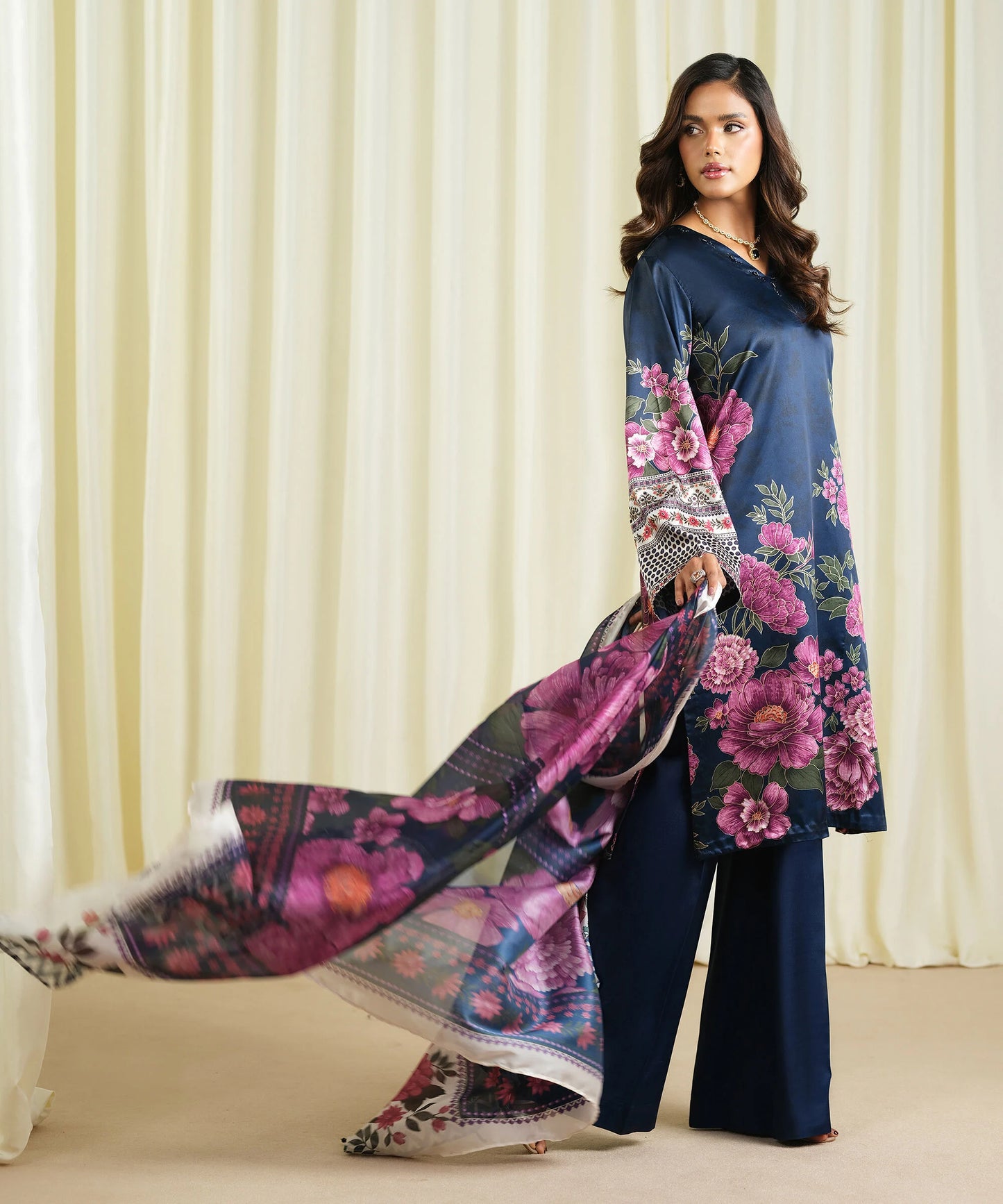 3 Piece - Embroidered Satin Suit