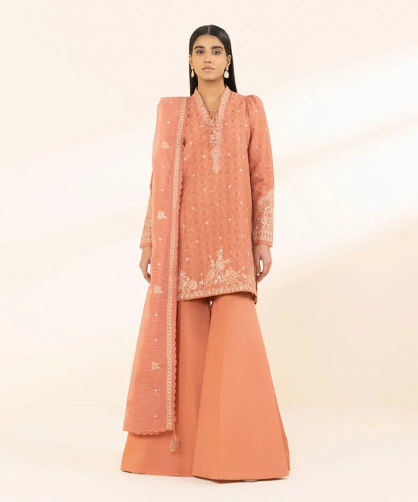 3 Piece - Embroidered Cotton Jacquard Suit