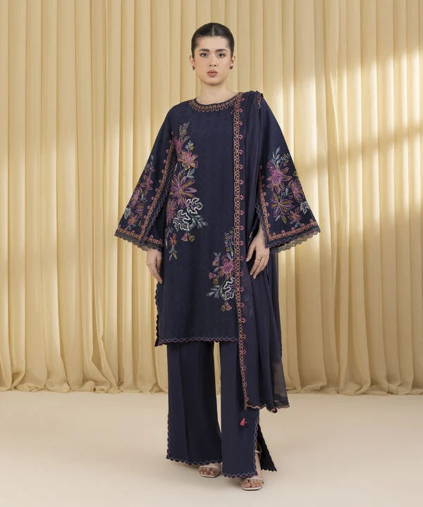 3 Piece - Embroidered Cotton Jacquard Suit