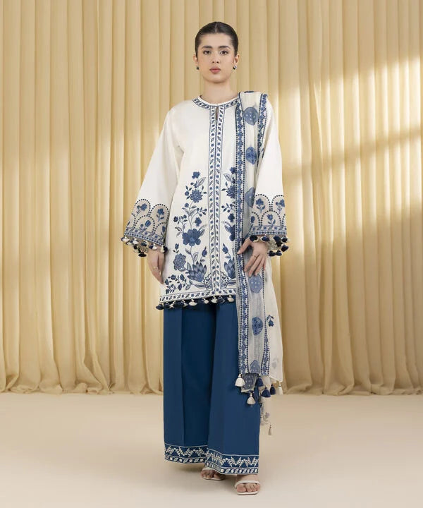 3 Piece - Embroidered Cotton Satin Suit