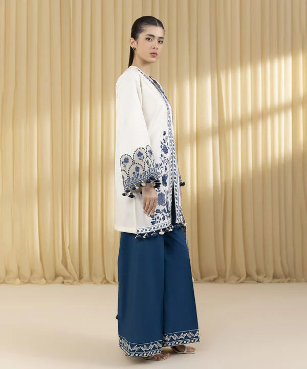 3 Piece - Embroidered Cotton Satin Suit